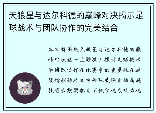 天狼星与达尔科德的巅峰对决揭示足球战术与团队协作的完美结合